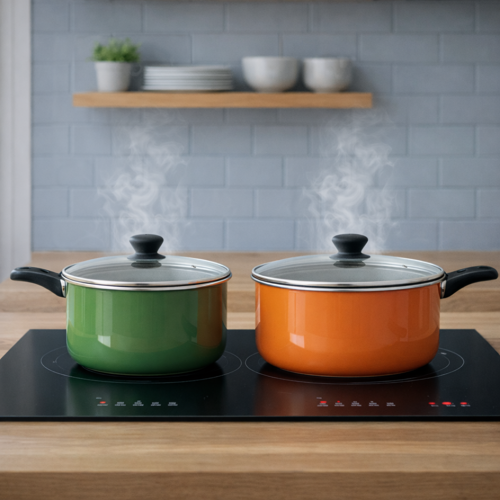 home kitchen A bright, welcoming kitchen countertop styled for an everyday cooking blog, featuring a smooth, light-wood surface scattered with colorful ceramic mixing bowls, a glass jar of wooden spoons, and a neatly folded striped cotton dish towel in sunny yellows and soft blues. In the background, a white subway tile backsplash and open shelving with neatly stacked plates are softly blurred. Late-morning natural light streams through an unseen window, creating gentle highlights on the glossy ceramics and faint shadows across the wood. Photographic realism with a clean, modern, slightly playful aesthetic. Shot at an eye-level angle using shallow depth of field, with the central bowl positioned on the rule of thirds to feel casual, homegrown, and inviting.