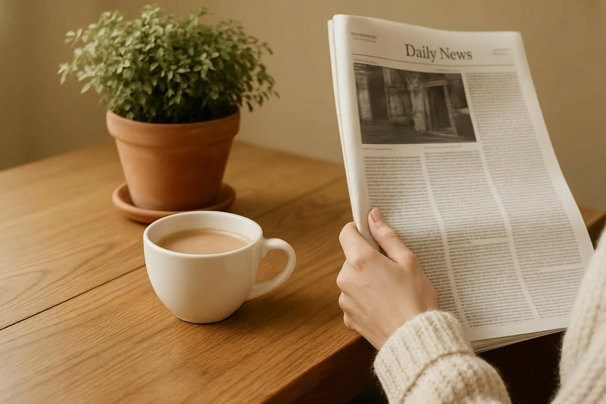 home kitchen A close-up of a person holding a newspaper at a cozy table with a cup, plant, and part of the newspaper visible, featuring the newspaper masthead titled 'The Daily News' in a clean, modern serif font. Maintain the existing warm, neutral color palette and overall style to match the rest of the site.