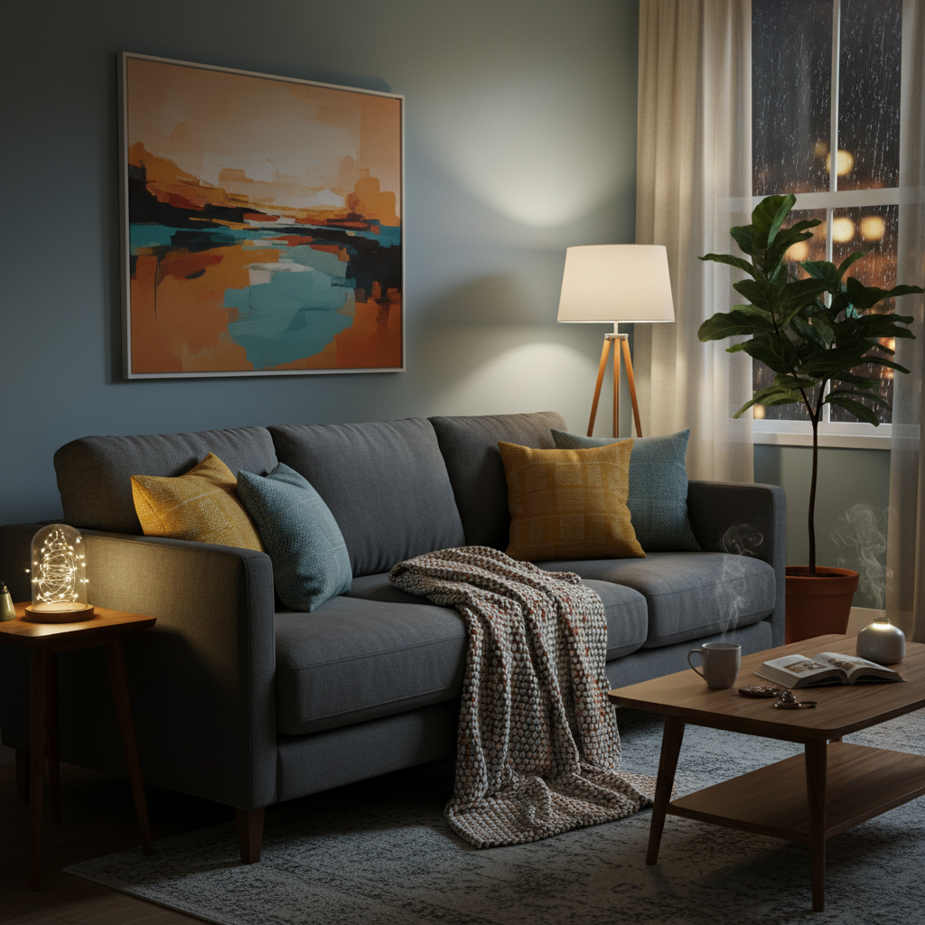 home kitchen An evening scene of a cozy living room sofa with a textured throw blanket, soft warm lighting, and decor that matches the existing site color palette, conveying a sense of quiet reflection and calm.