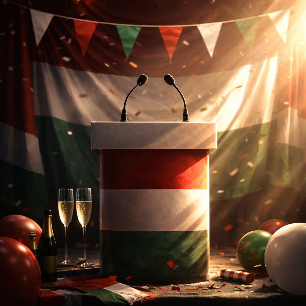 Podium adorned with Hungarian flag colors surrounded by flags, balloons, champagne glasses, and confetti