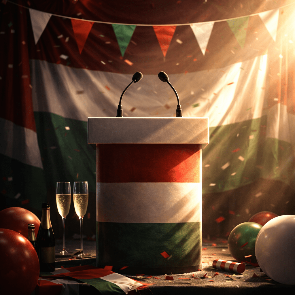 Podium adorned with Hungarian flag colors surrounded by flags, balloons, champagne glasses, and confetti
